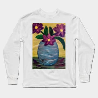 beautiful large abstract flowers in a blue and silver metallic vase Long Sleeve T-Shirt
